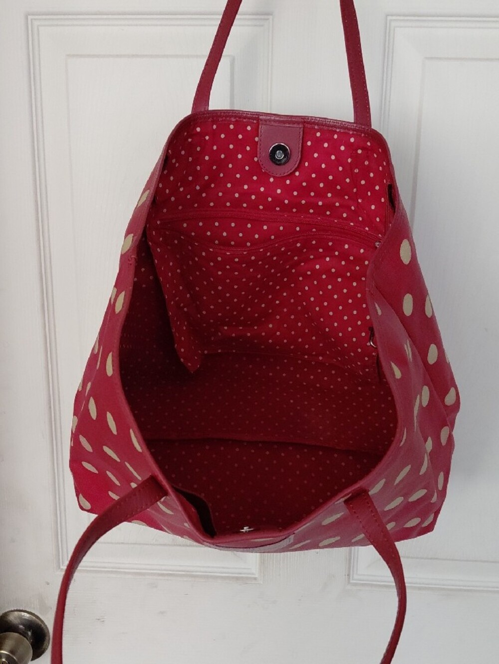 Cath Kidston Red And Cream Tote Polka Dots Doubke Strap Leather Handle 19x11 - Picture 11 of 13